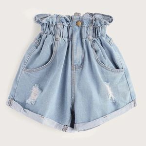 Paper bag waist ripped roll up hem denim shorts